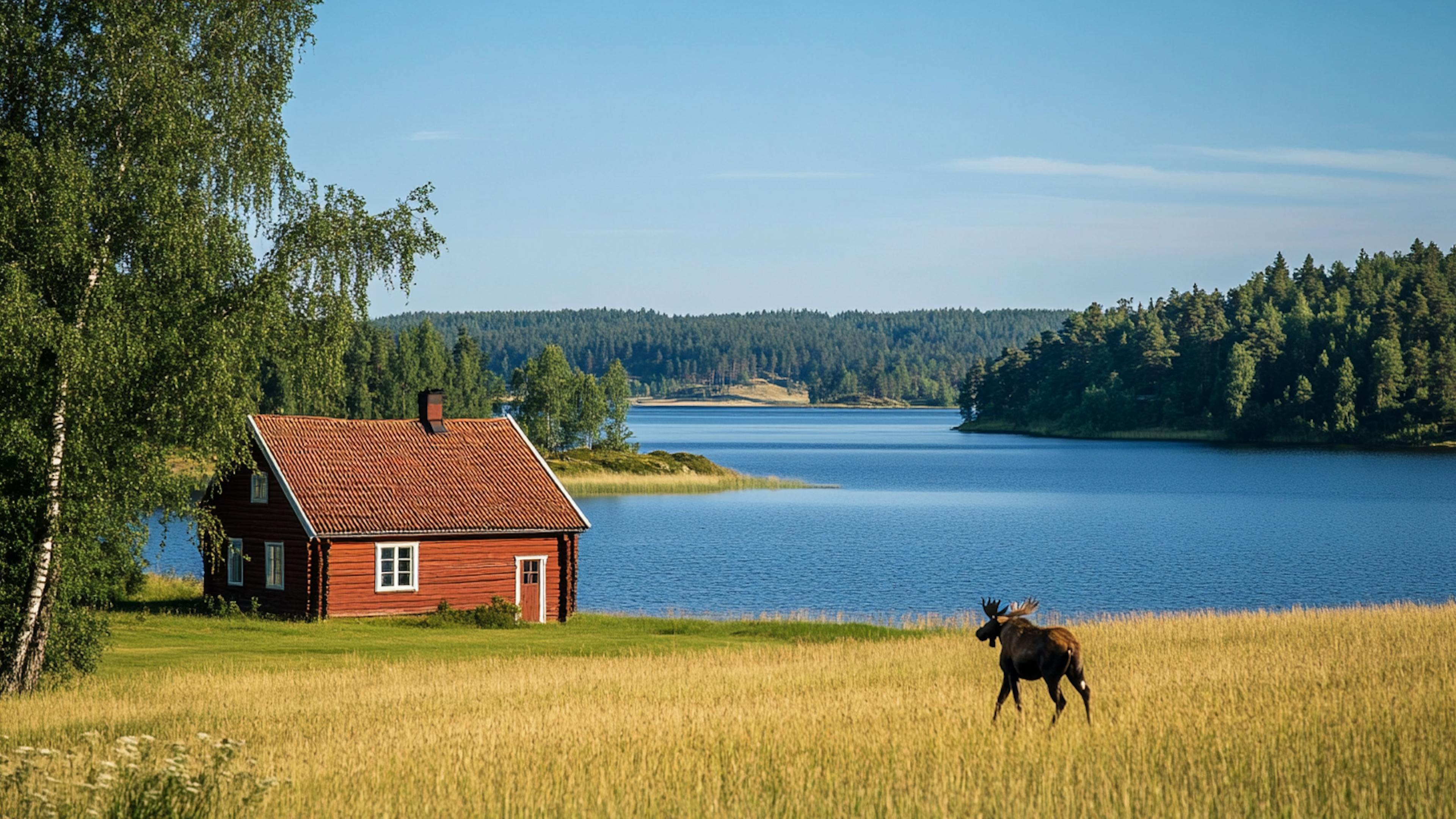 Red, swedish cabin with a moose walking. Summer landscape.