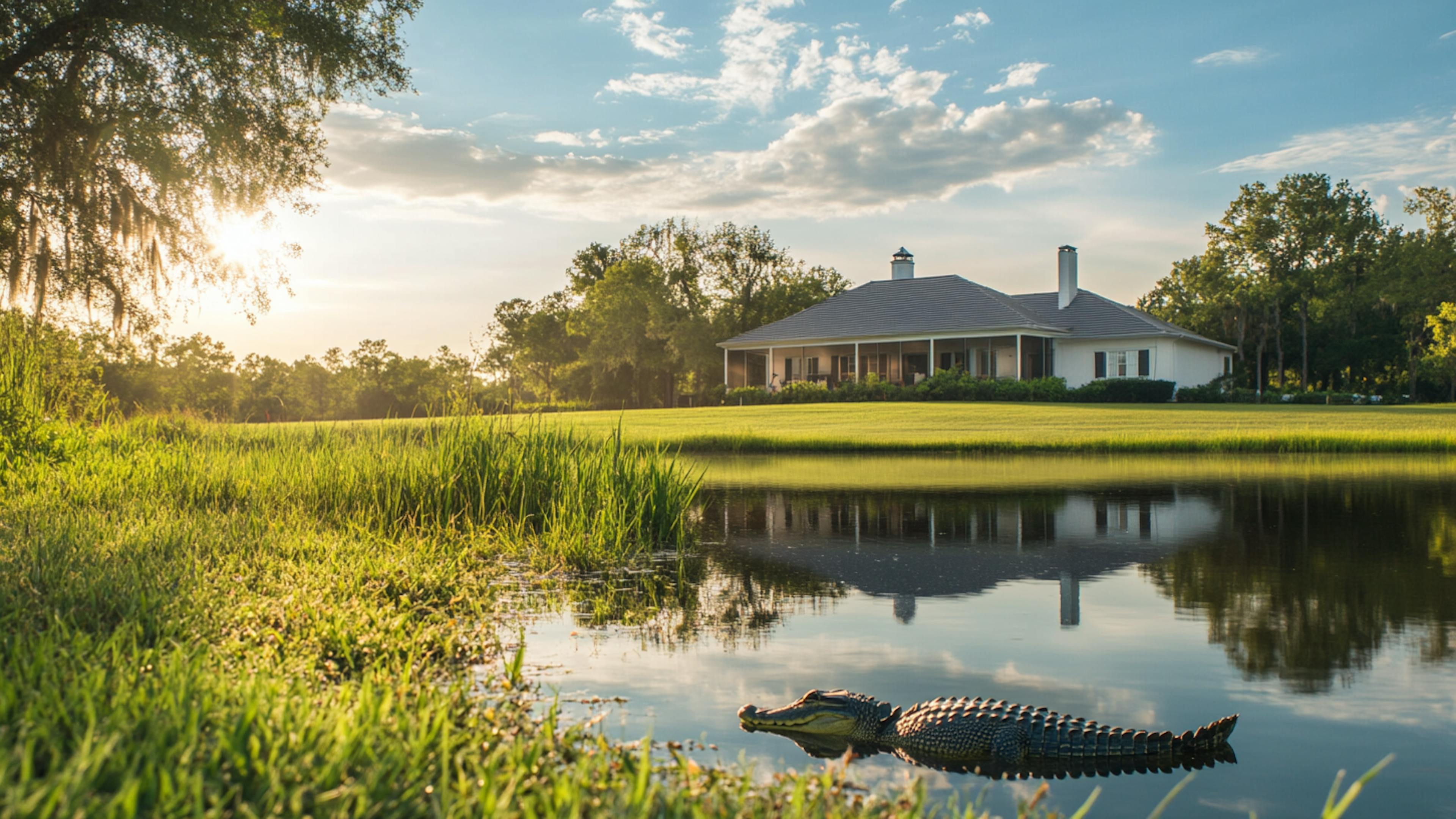 American house with aligator in water in front 