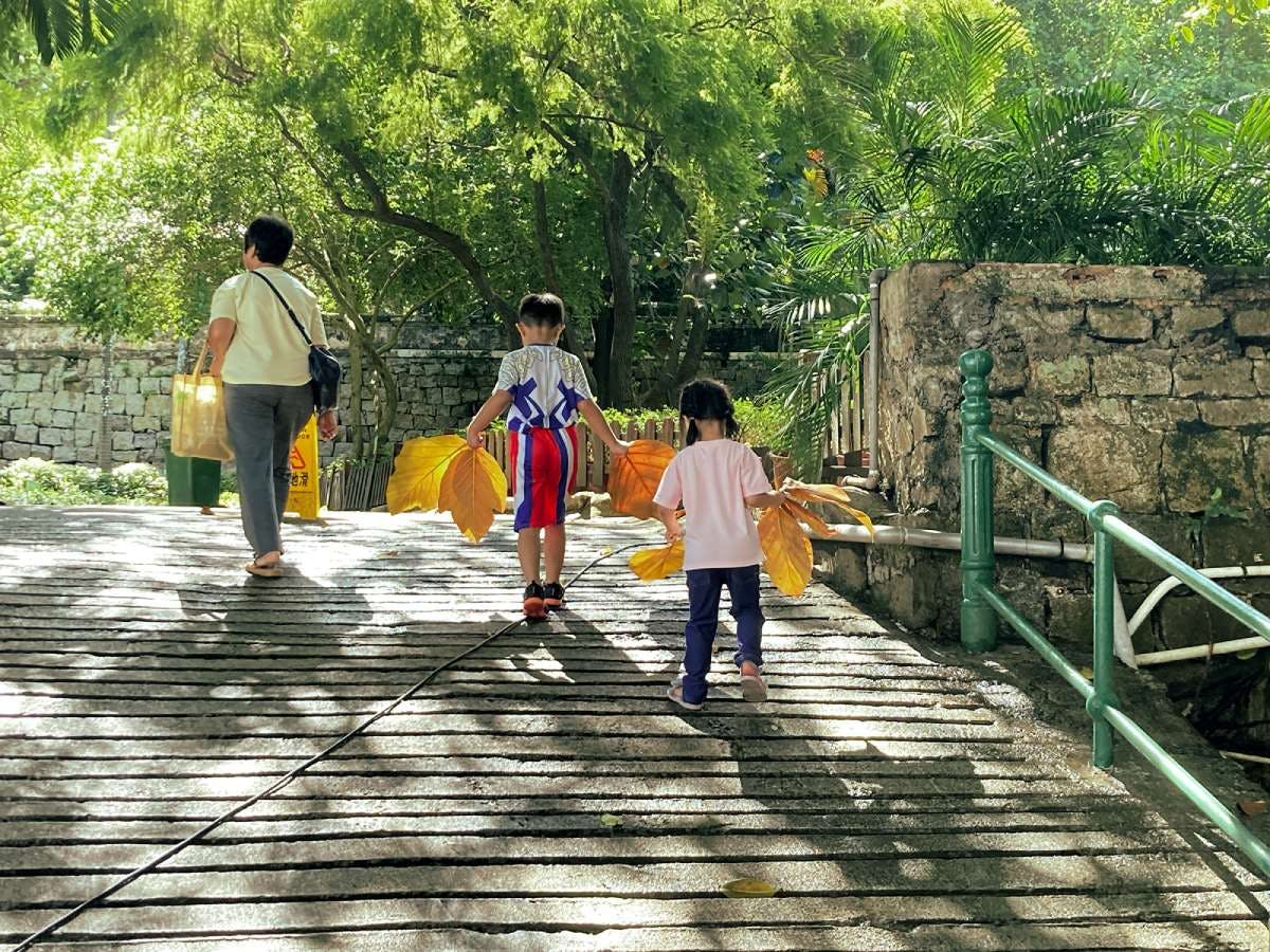 A woman and two children walking up slope