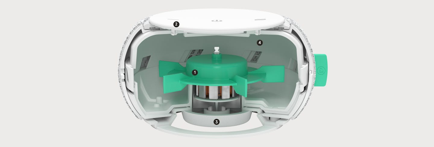 Interior render of White Noise Machine depicting real fan inside. Numbered 1 to 4 in correspondence with parts listed below.