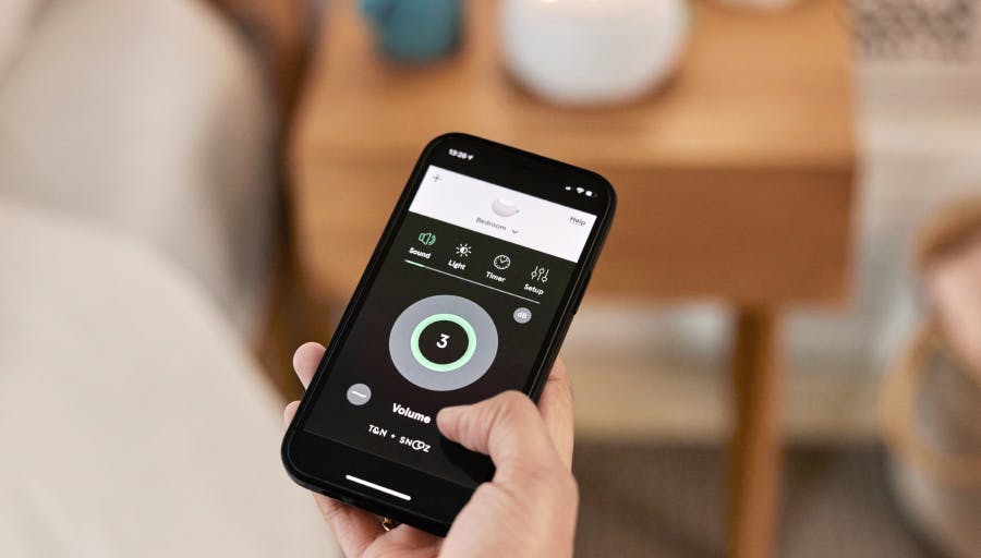 Phone displaying T&N White Noise App.