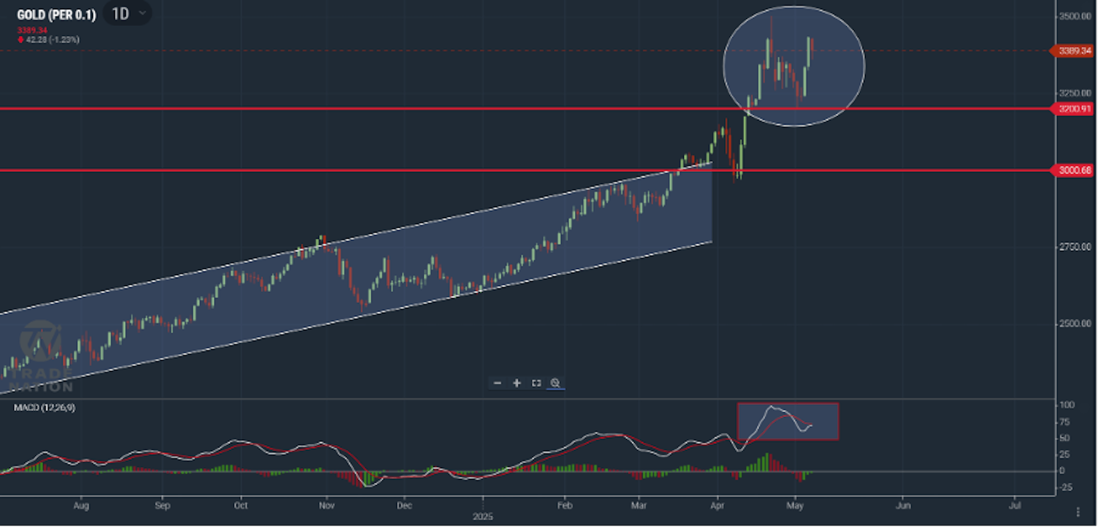 Gold price chart showing recent surge followed by early morning pullback.