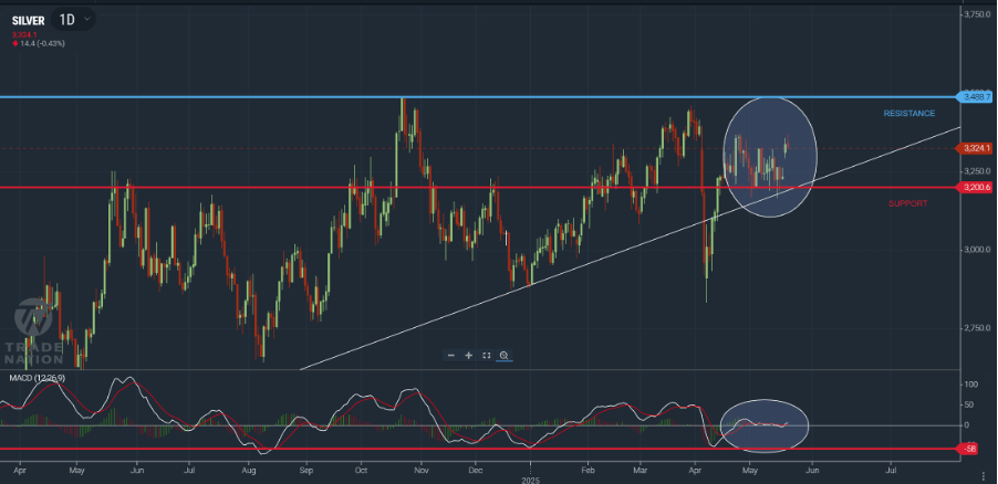 Silver chart showing price bouncing off support and moving towards resistance