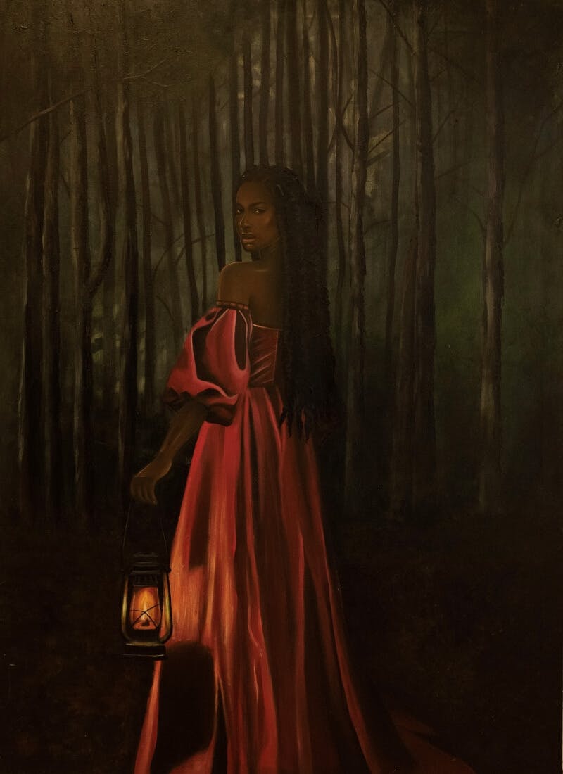 An artwork of a woman holding a lantern in the forest