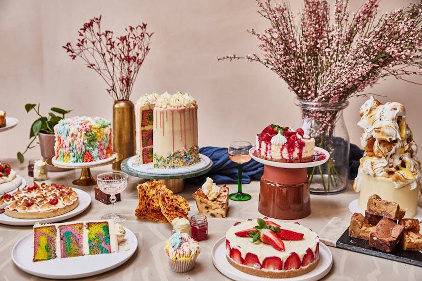 Selection of easter cakes and sweet treats on a festive table