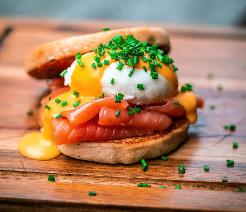 egg and salmon in a muffin