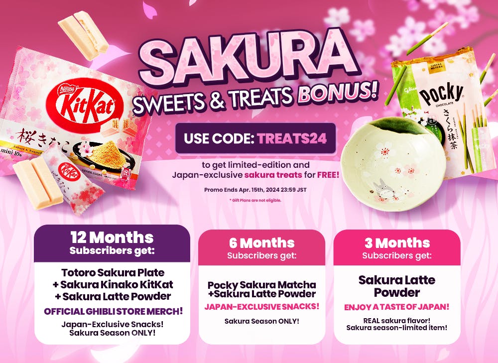 TokyoTreat's April 2024 Promo, Sakura Sweets & Treats Bonus, sits with all of the exclusive cherry blossom-themed items surrounded by cherry blossom petals.