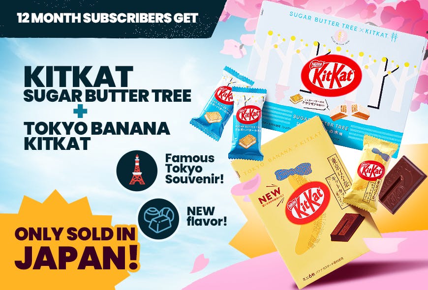 TokyoTreat's KitKat Souvenir Bonus campaign promotion with 12-month featured items.