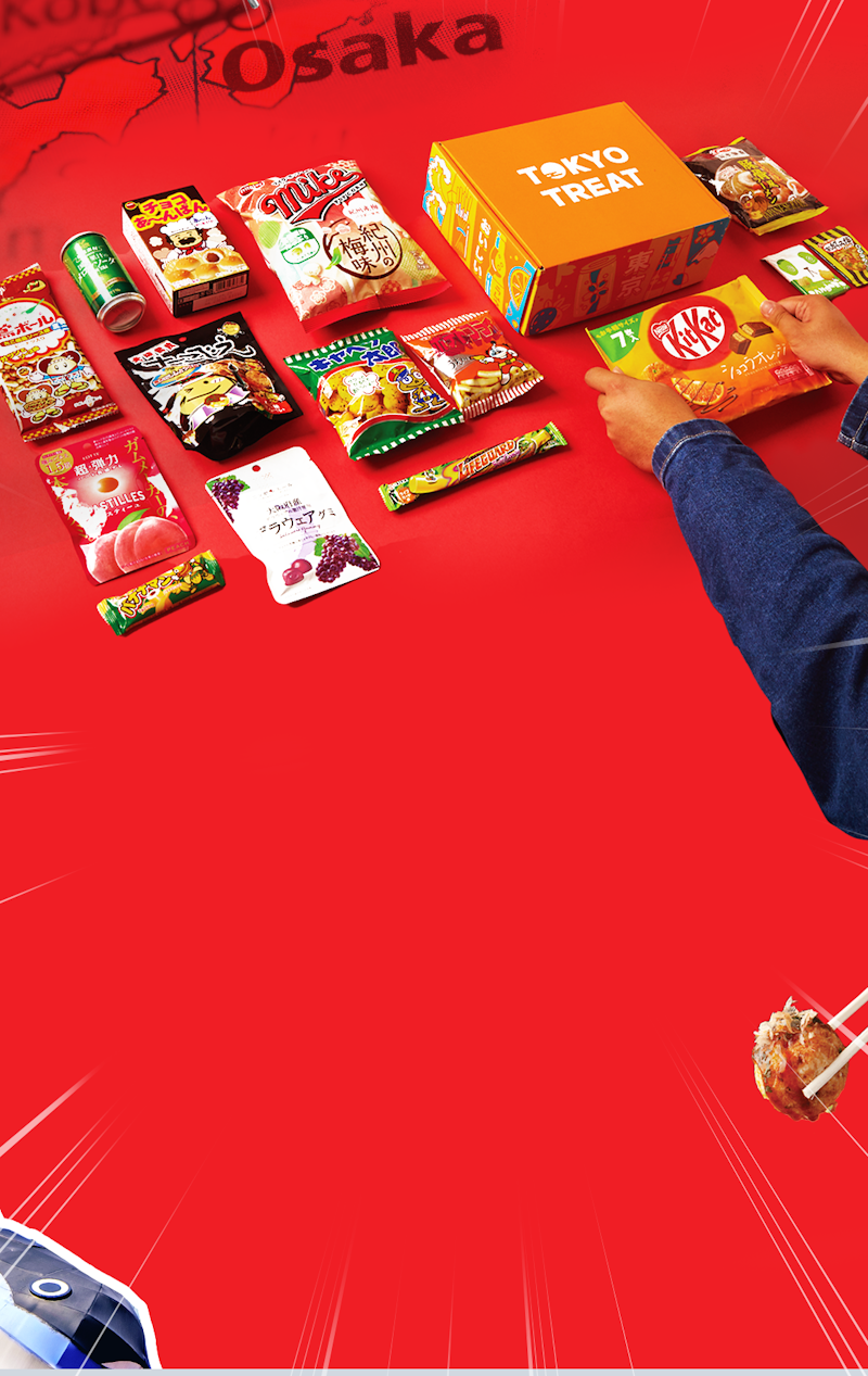 TokyoTreat's 2023 June Osaka snack box is featured on a red map of Japan with KitKat and other exclusive limited edition Japanese treats