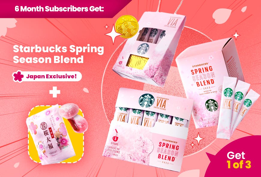 Pink Starbucks instant coffee and Japanese treats are featured with a pink cherry blossom background