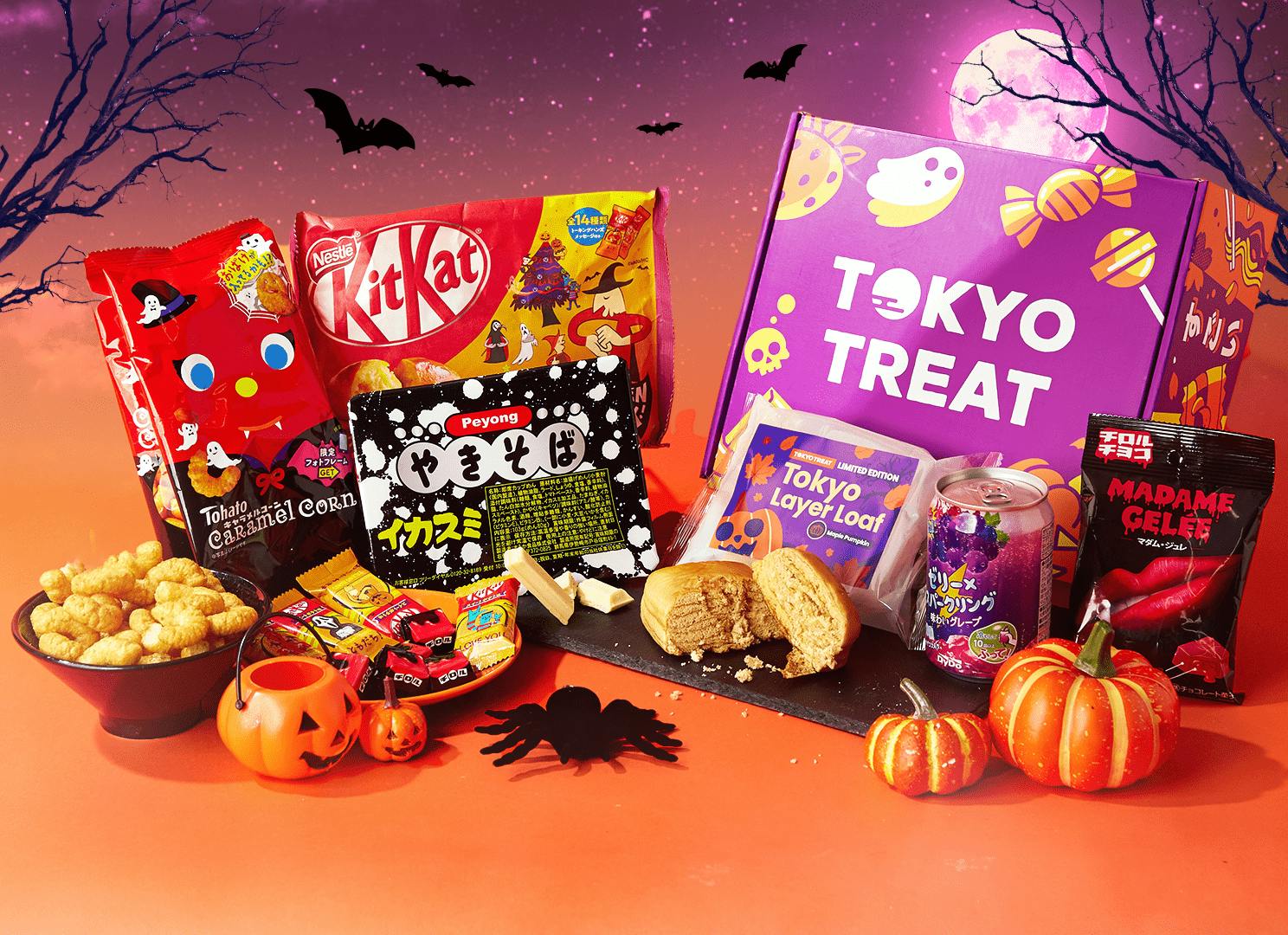 TokyoTreat’s October Halloween subscription box with Japanese sweets, snacks, instant noodles, and soda.