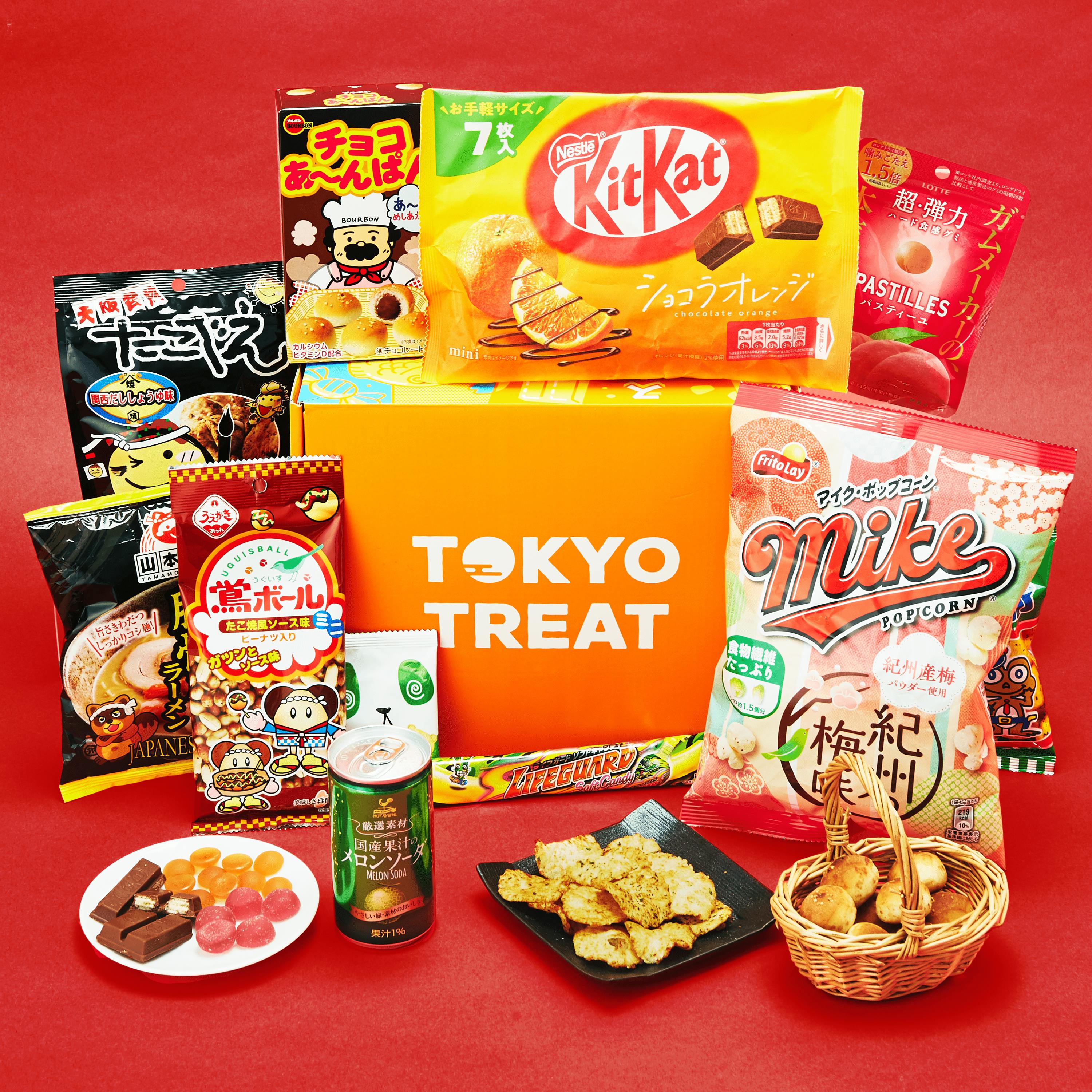 TokyoTreat's June box is displayed with colorful Osaka inspired snacks, noodles and drinks.