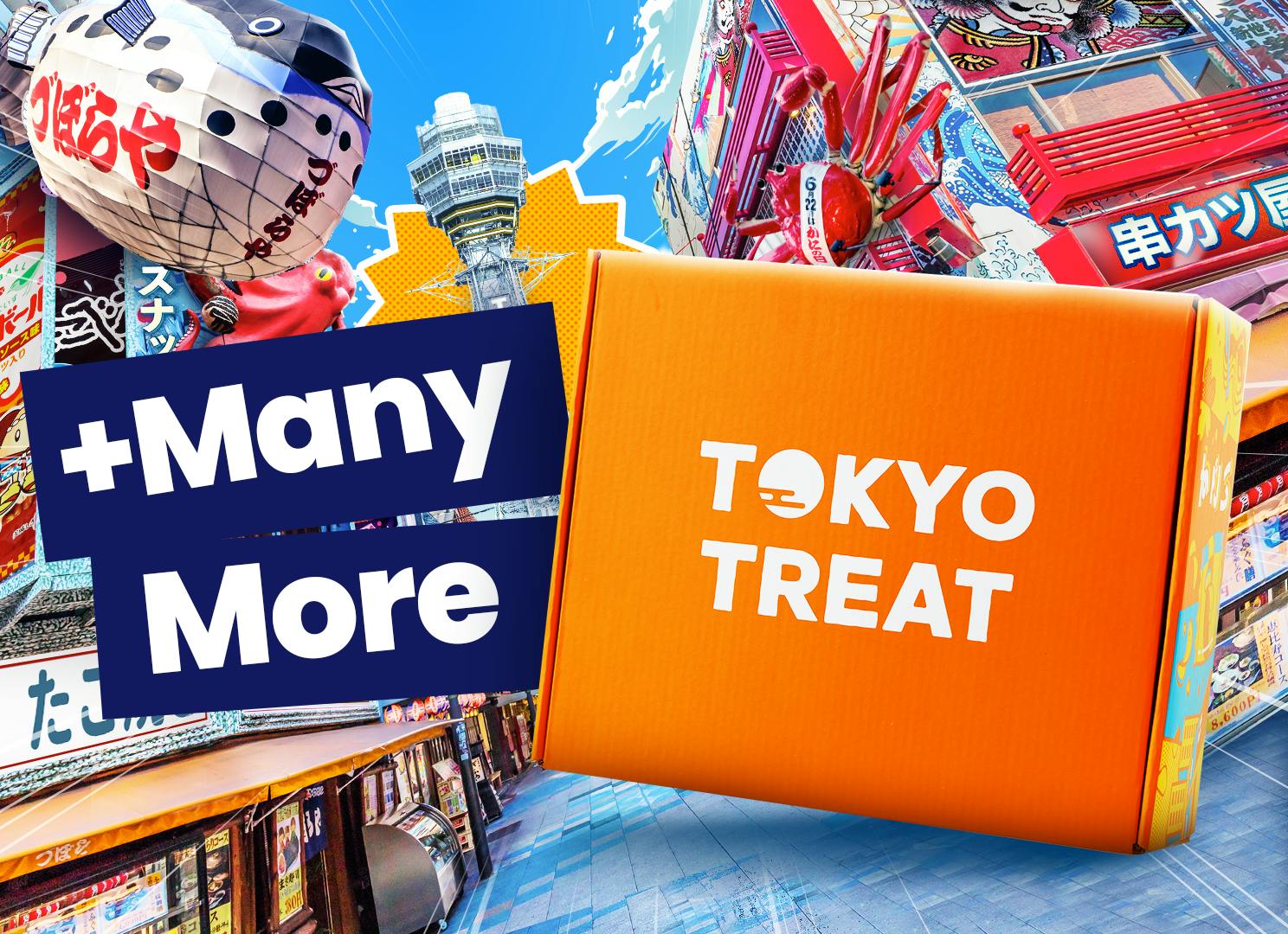 The orange TokyoTreat box is shown in Osaka with a giant crab and blowfish in the background. The orange TokyoTreat box is shown in Osaka with a giant crab and blowfish in the background.