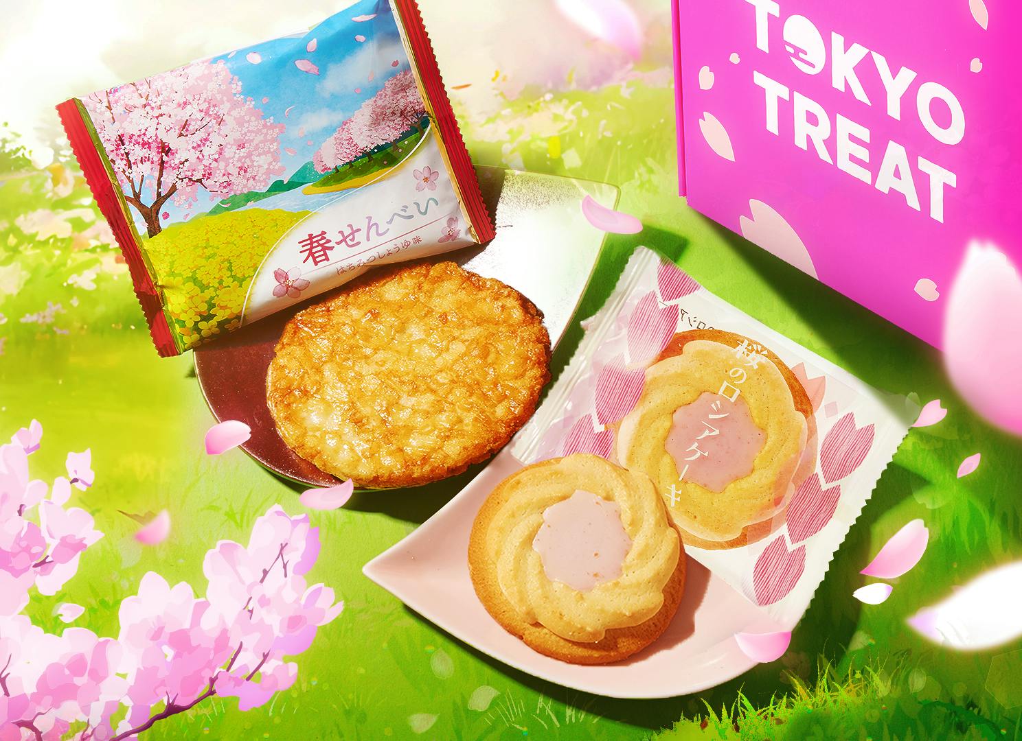 Sakura Shortbread Cookie and Spring Senbei Cracker sit in a glossy field of green at a cherry blossom picnic, surrounded by cherry blossom motifs.