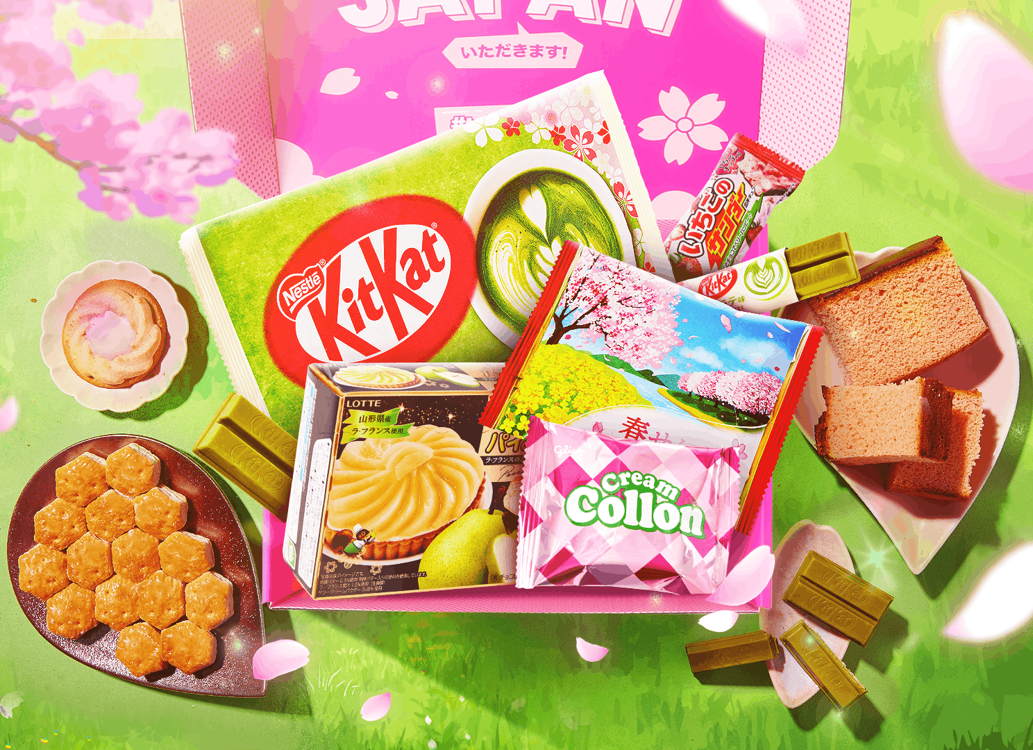 The TokyoTreat special-edition pink sakura box sits open at a cherry blossom picnic, surrounded by main box items and sakura cherry blossom motifs.