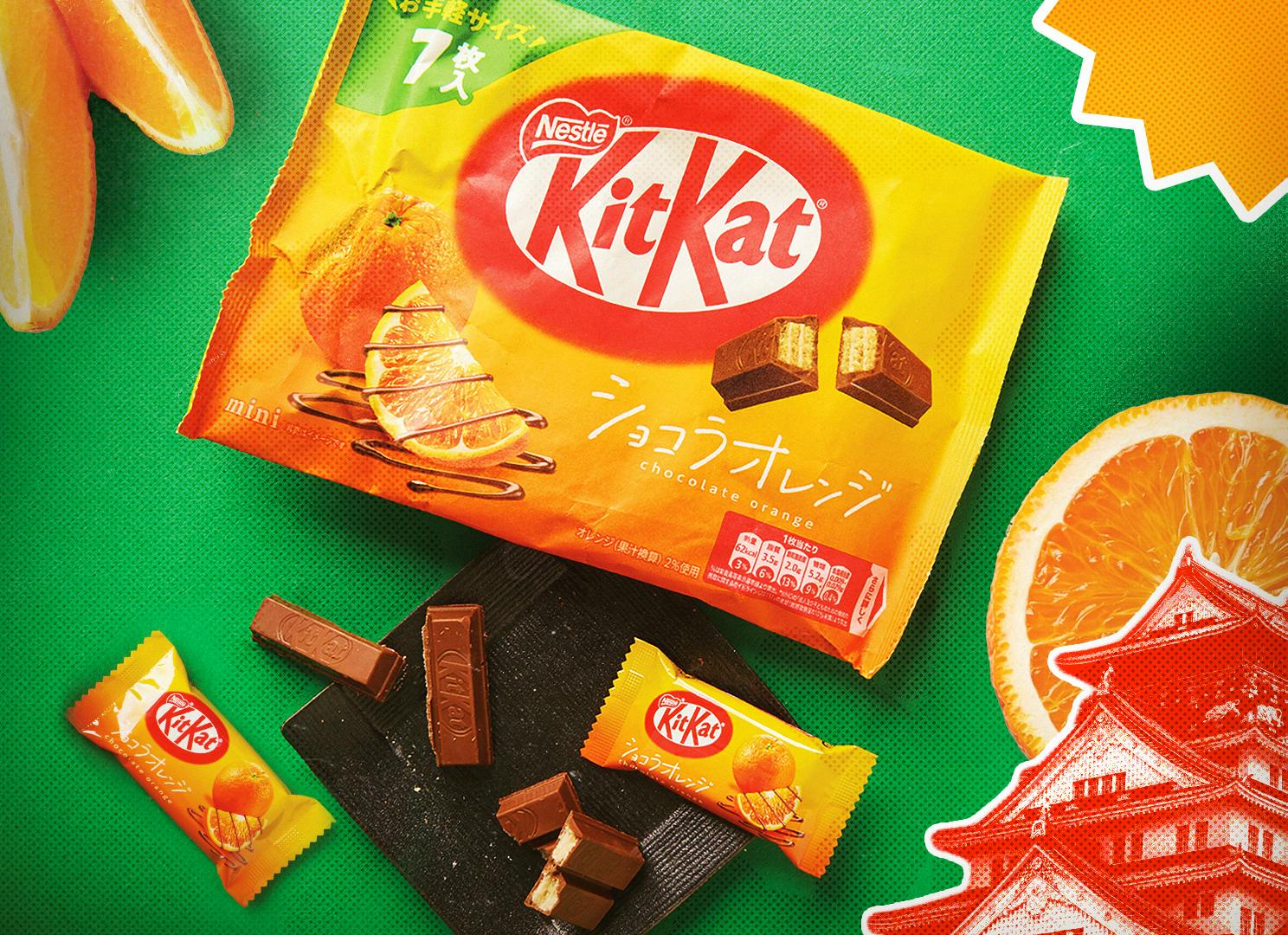 Chocolate orange flavored limited edition KitKats are featured on a green background with Osaka Castle