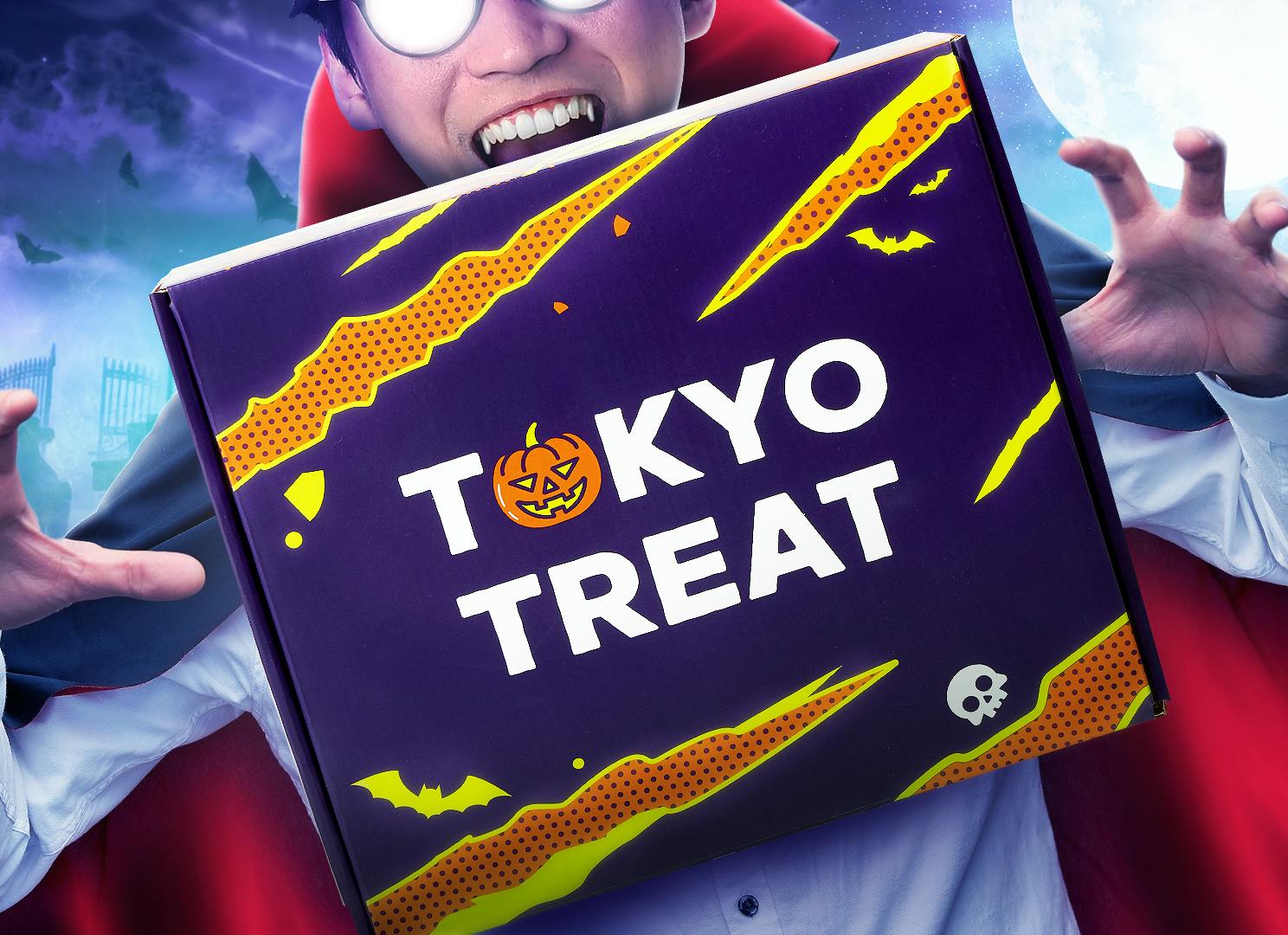 The special Halloween-edition TokyoTreat box hangs in midair in front of Count Dracula. The special Halloween-edition TokyoTreat box hangs in midair in front of Count Dracula.