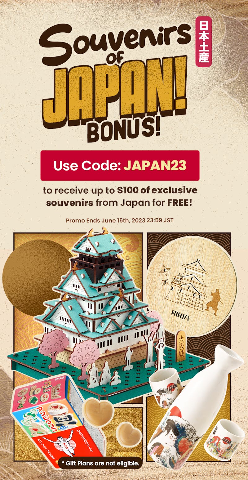 TokyoTreat's June promo featuring kabuki sake set, Osaka castle 3D puzzle, Glico Running Man caramels, and a ninja coaster