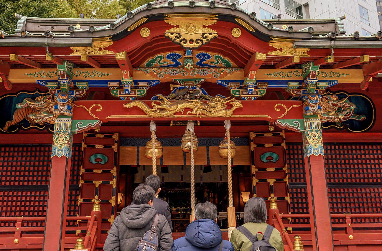 People visiting a shrine in Japan.