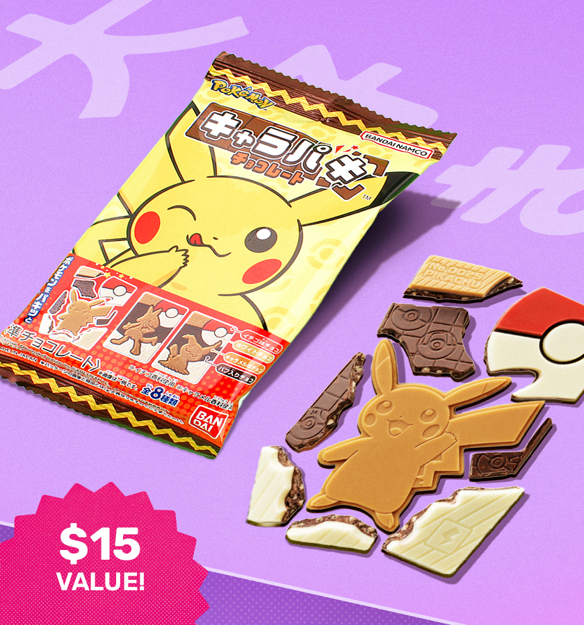 Pokémon chocolates on a purple background.