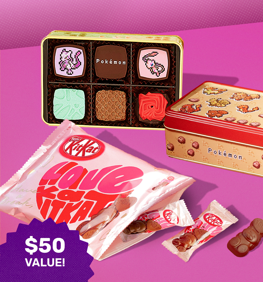 Pokémon chocolates and Valentine's KitKats on a pink background.