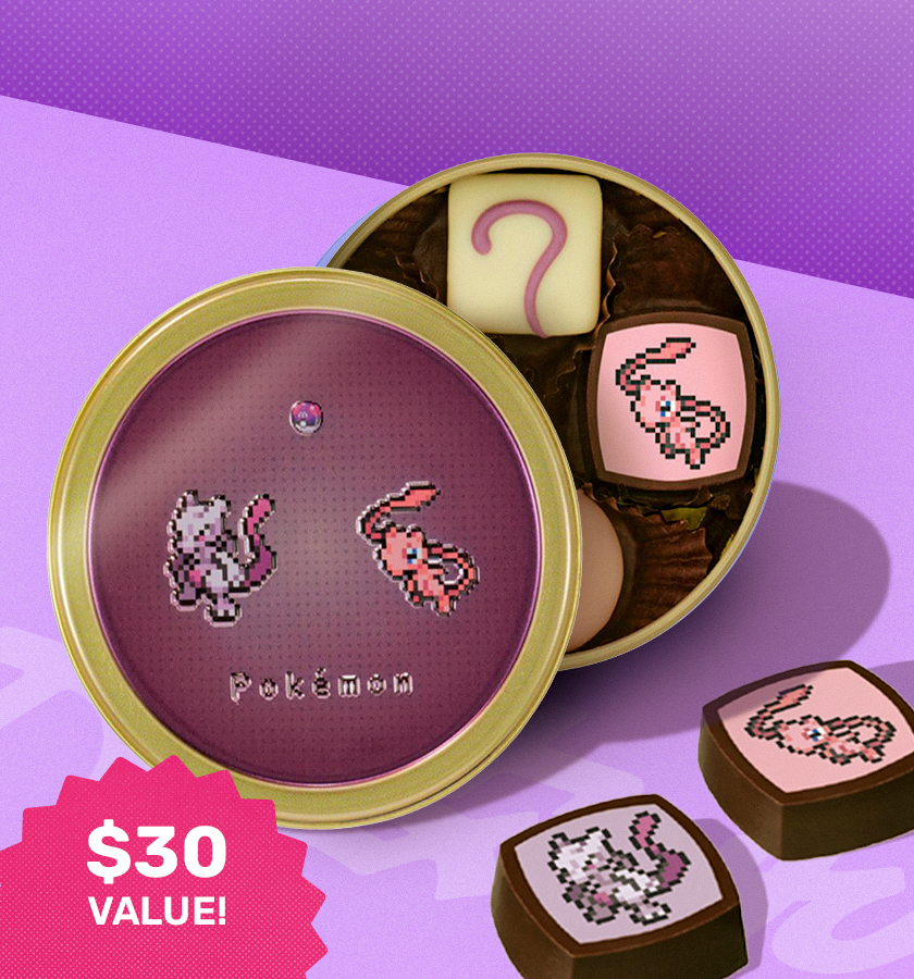 Pokémon chocolates on a purple background.