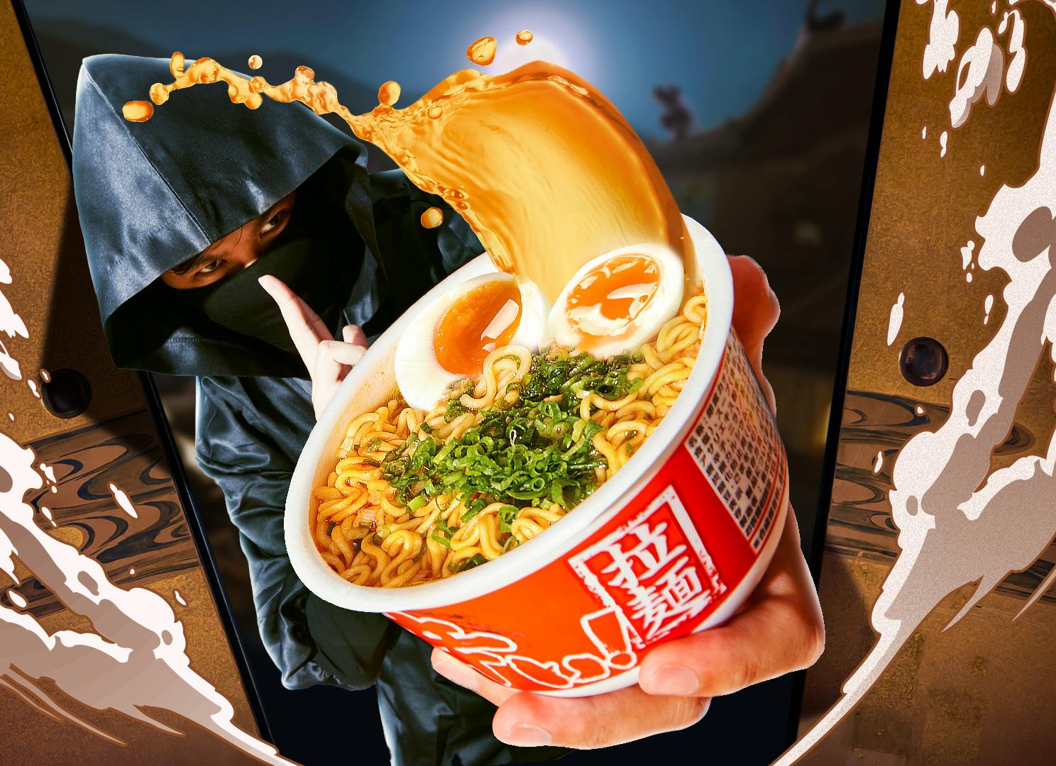 Spicy Ramen Noodles sits in the palm of a stealthy Japanese ninja as he bursts into a traditional Japanese home.