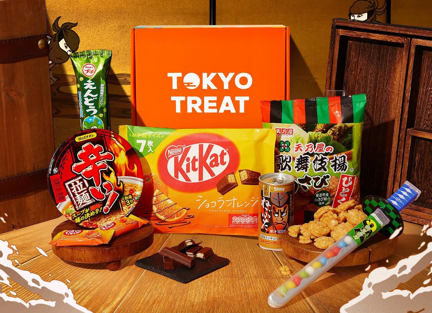 TokyoTreat Ninja Snackventure box sits inside an old wooden Japanese house, surrounded by box main items.