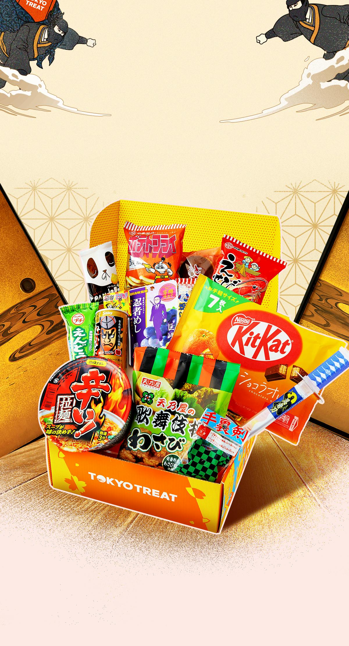 The TokyoTreat box sits in an ancient Japanese house, surrounded by ninjas and other ninja-inspired motifs.
