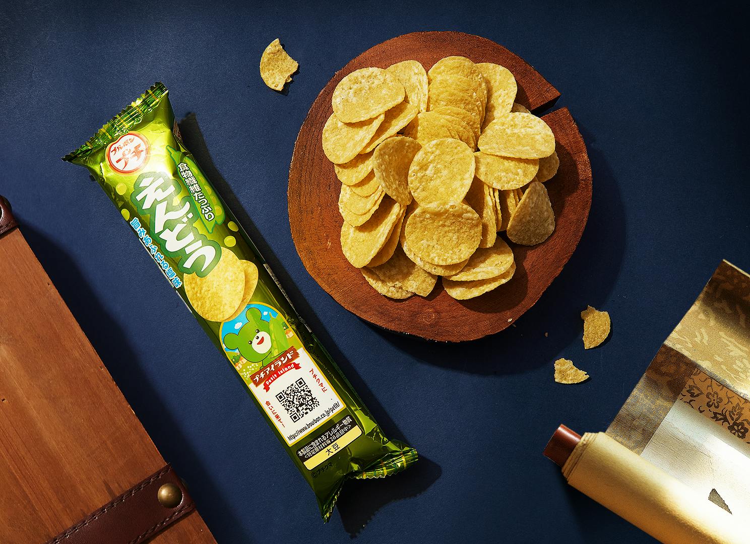 Endou Pea Chips sits against a blue backdrop, surrounded by ninja-inspired decor.