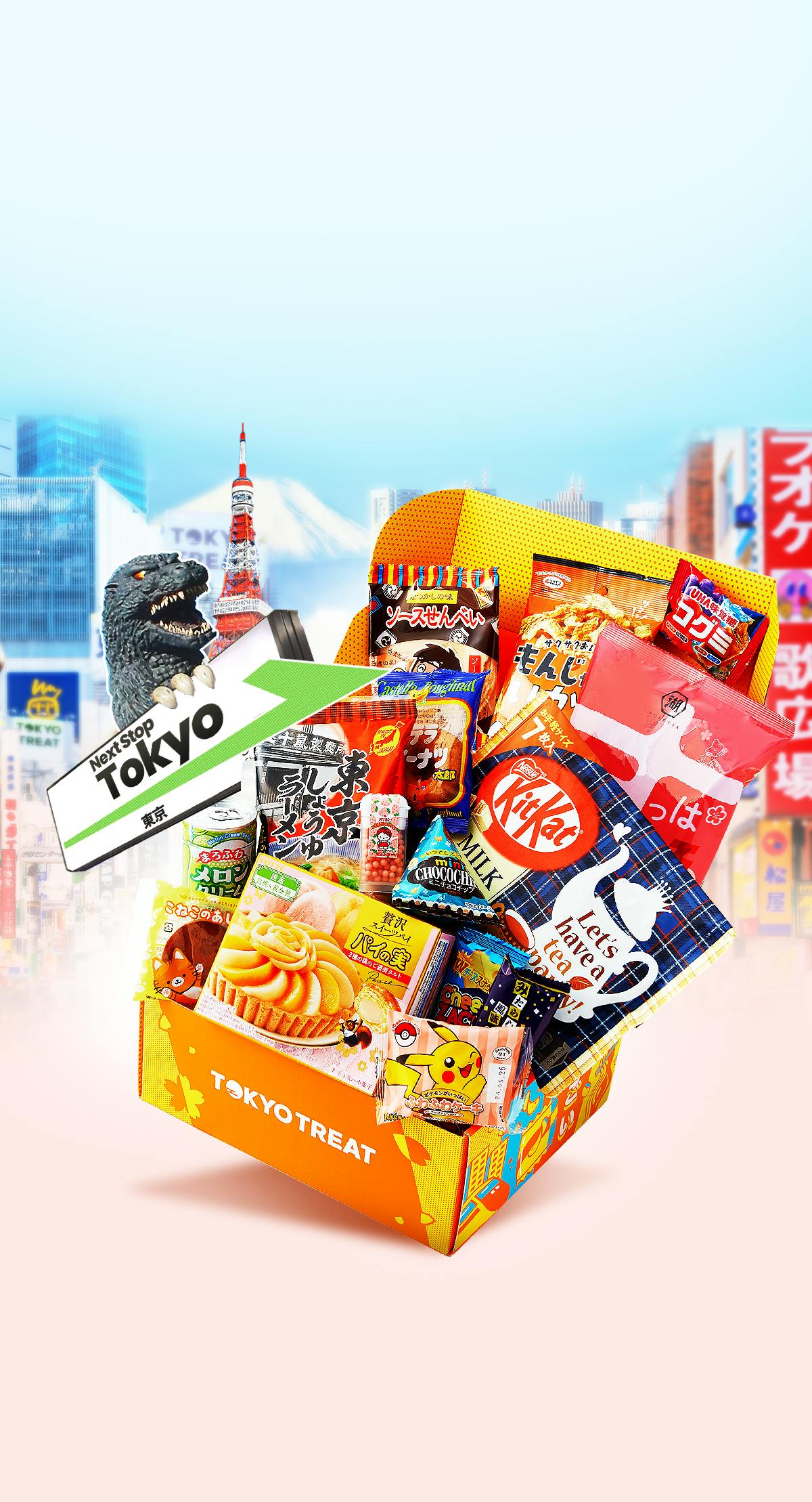 The TokyoTreat box sits against a backdrop of Tokyo, surrounded by well-known Tokyo key locations.