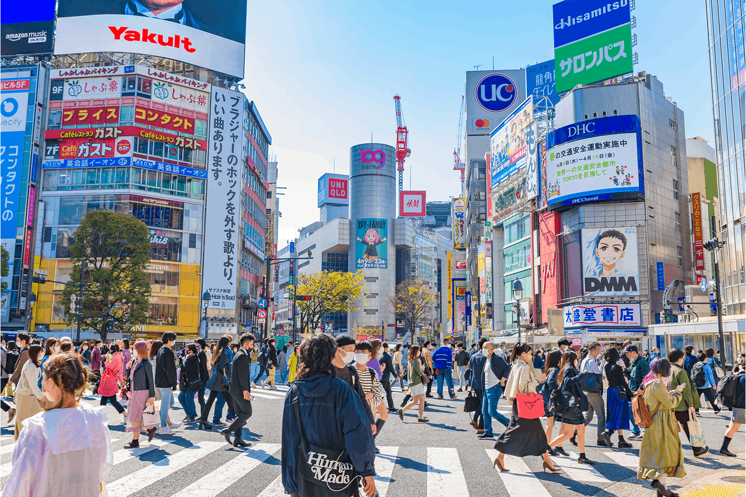 A street view of Shibuya Scramble Crossing in Tokyo, Japan.