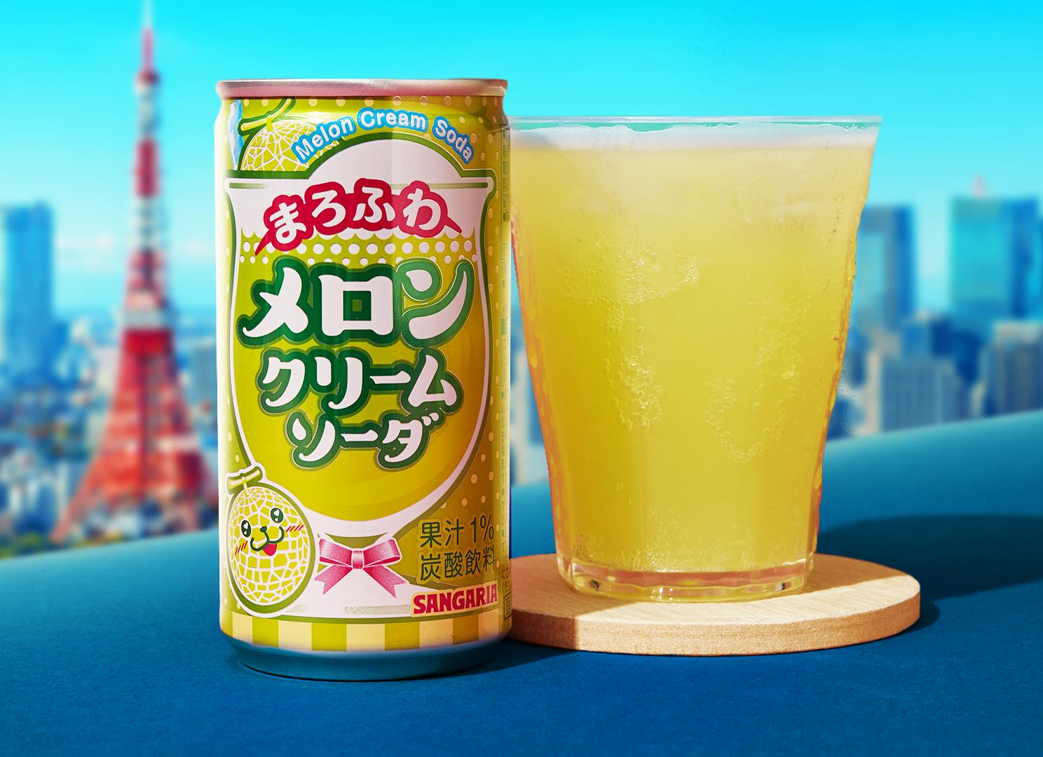 Melon Cream Soda sits against a Tokyo skyline backdrop, with Tokyo Tower visible in the distance.