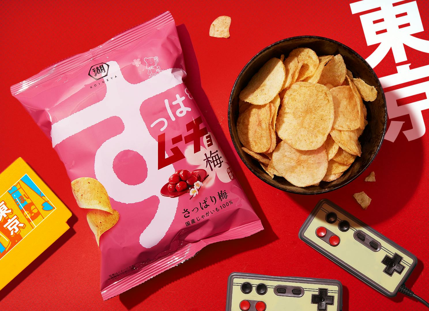 Koikeya Ume Chips sit on a red background, surrounded by Tokyo motifs.