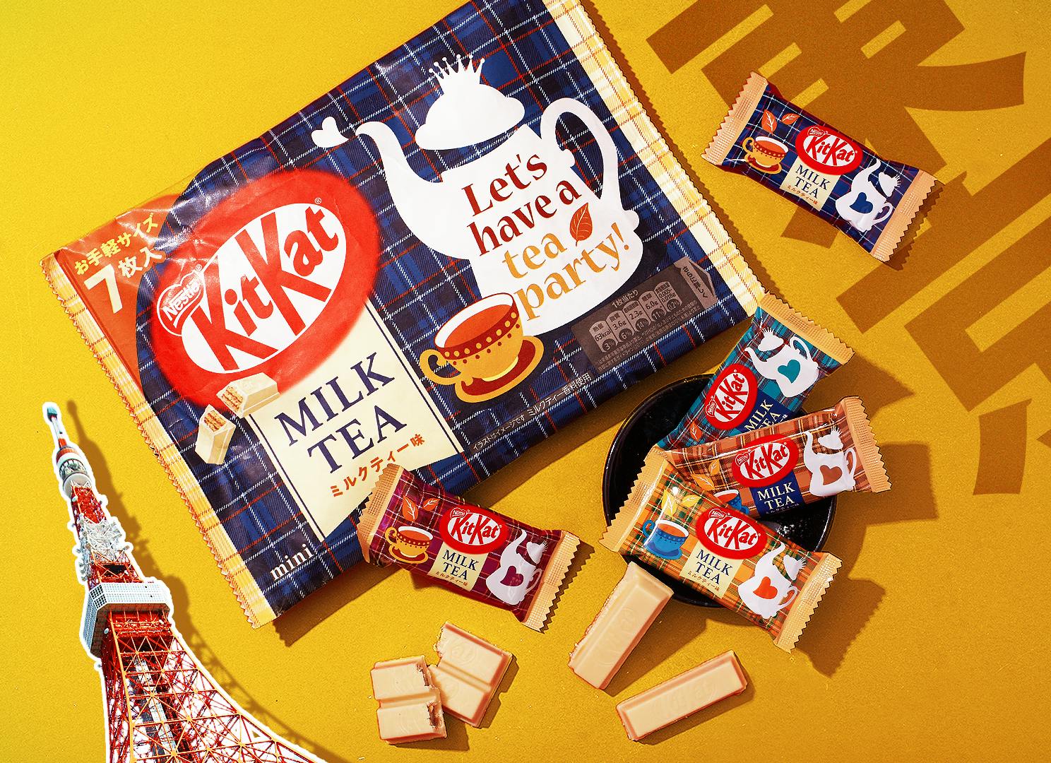 KitKat Royal Milk Tea sits on a golden yellow background, surrounded by Tokyo motifs.