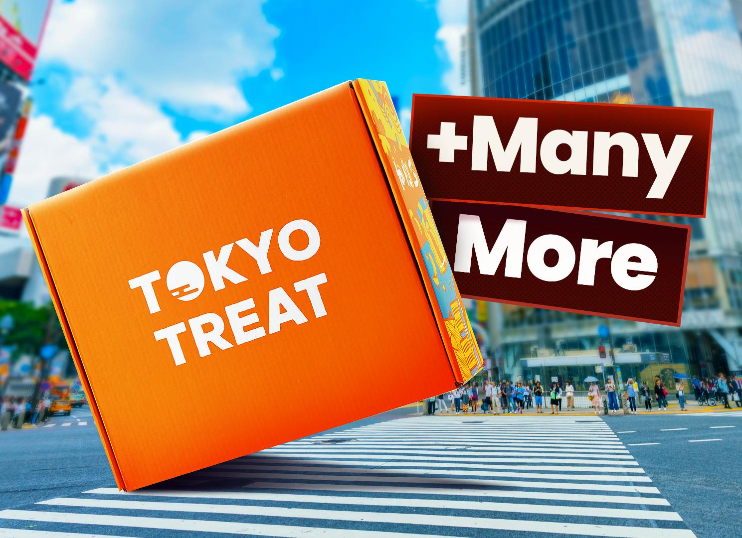The orange TokyoTreat box sits in Tokyo's famous Shibuya Scramble Crossing, surrounded by views of Tokyo.