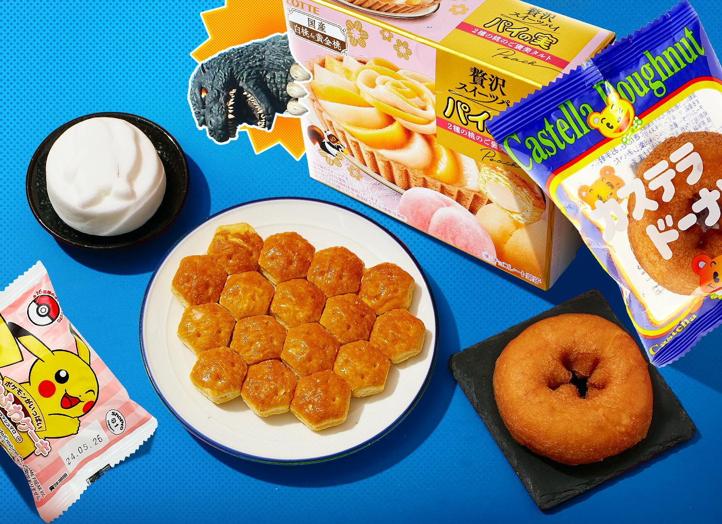Pokemon Chocolate Marshmallow, Pai no Mi Mini Pies, and Castella Donut sit on a blue background surrounded by Tokyo motifs like Godzilla.
