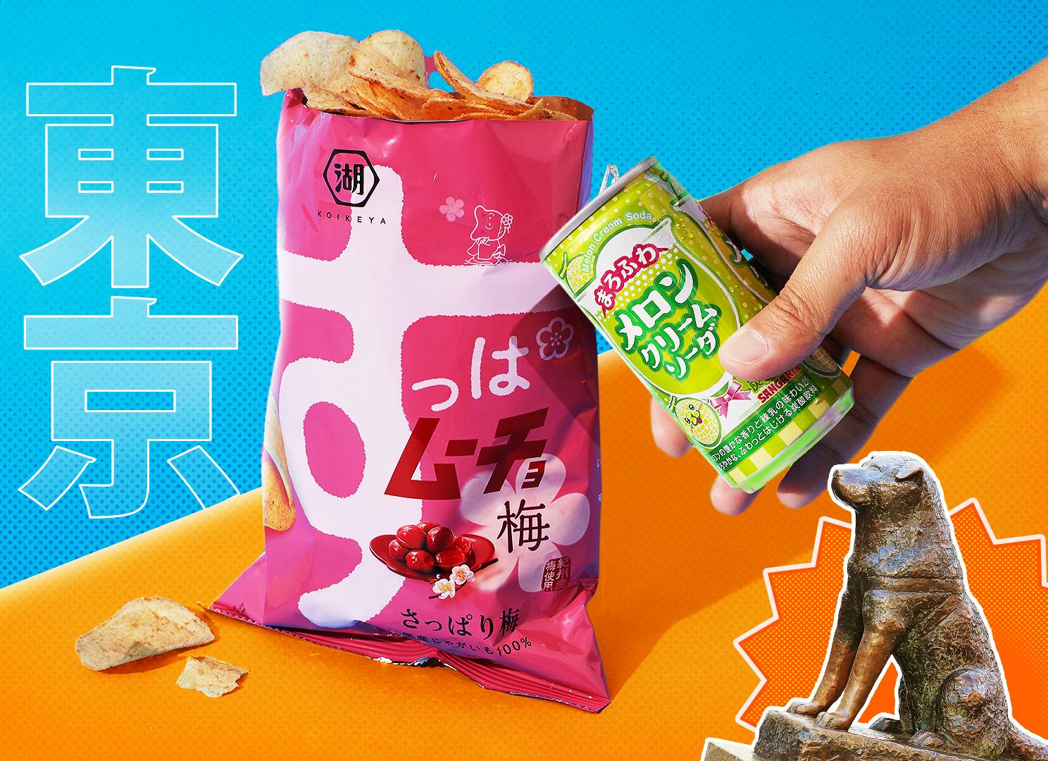 Koikeya Ume Chips and Melon Cream Soda sit against a bright orange and blue backdrop, with Hachiko showing next to it.