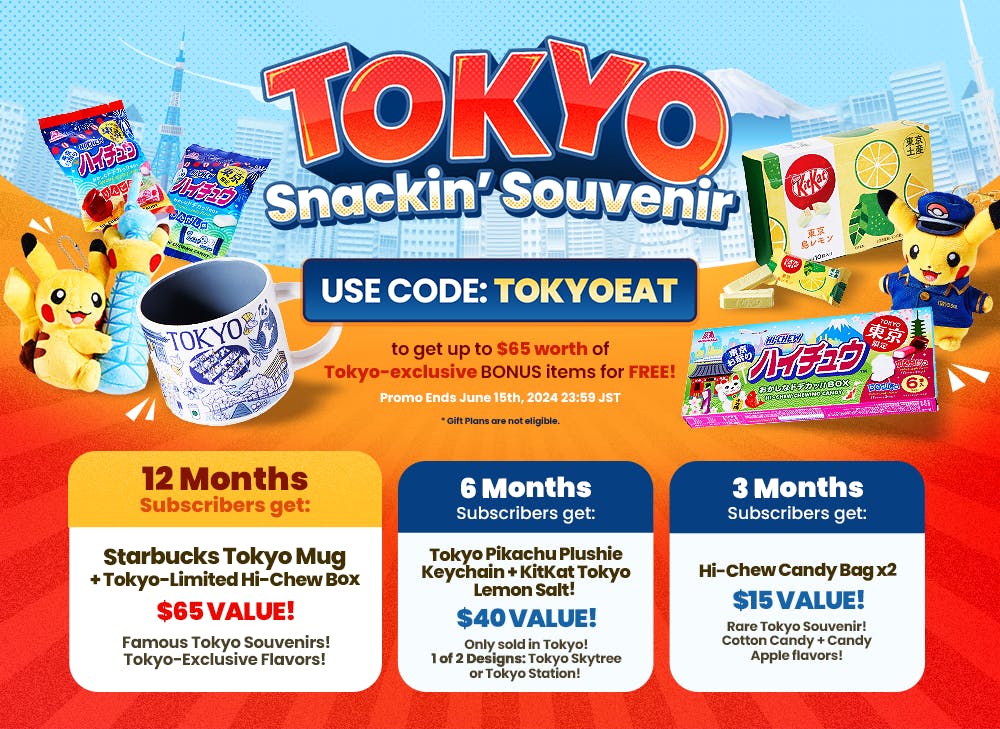 TokyoTreat's June 2024 Promo: Tokyo Snackin' Souvenir promo, surrounded by all items.