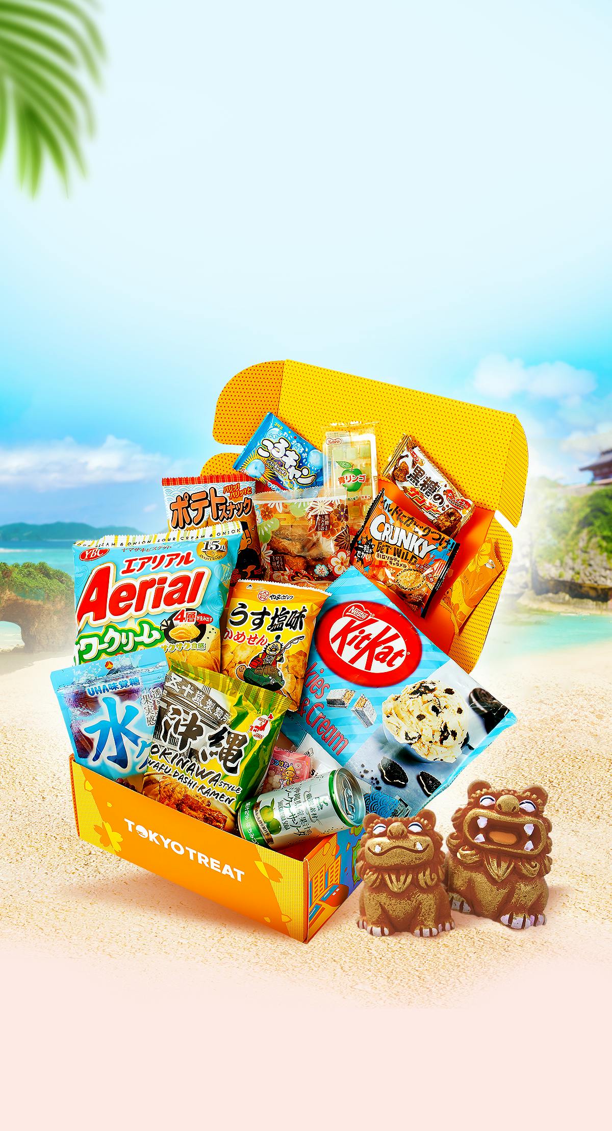 The TokyoTreat box sits against a backdrop of a beach in Okinawa, with an Okinawan castle and beach elements in the distance.