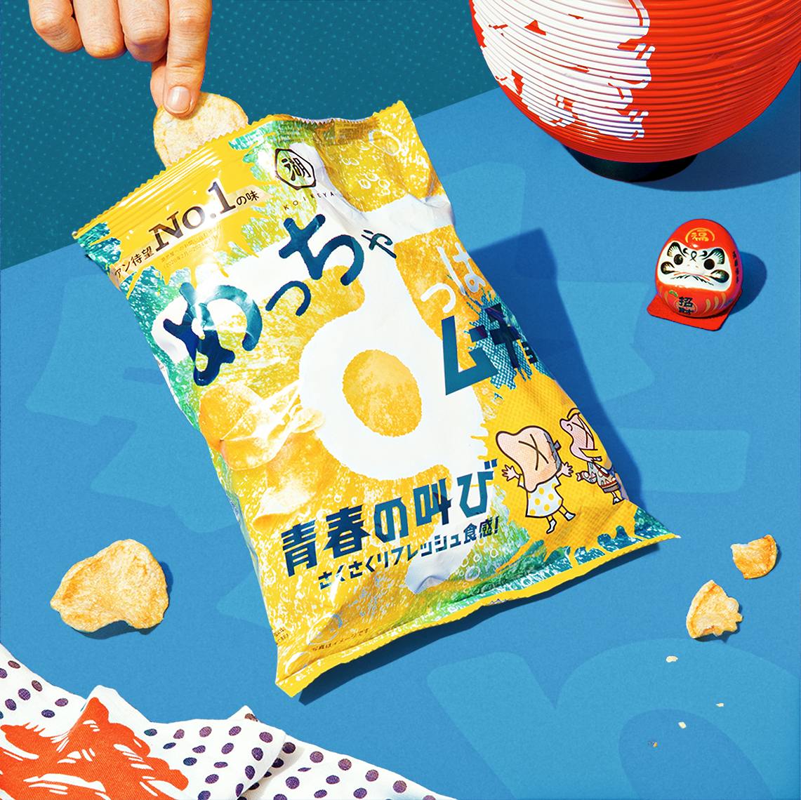 Super Sour Vinegar Chips sit on a blue background, surrounded by Japanese summer festival motifs.
