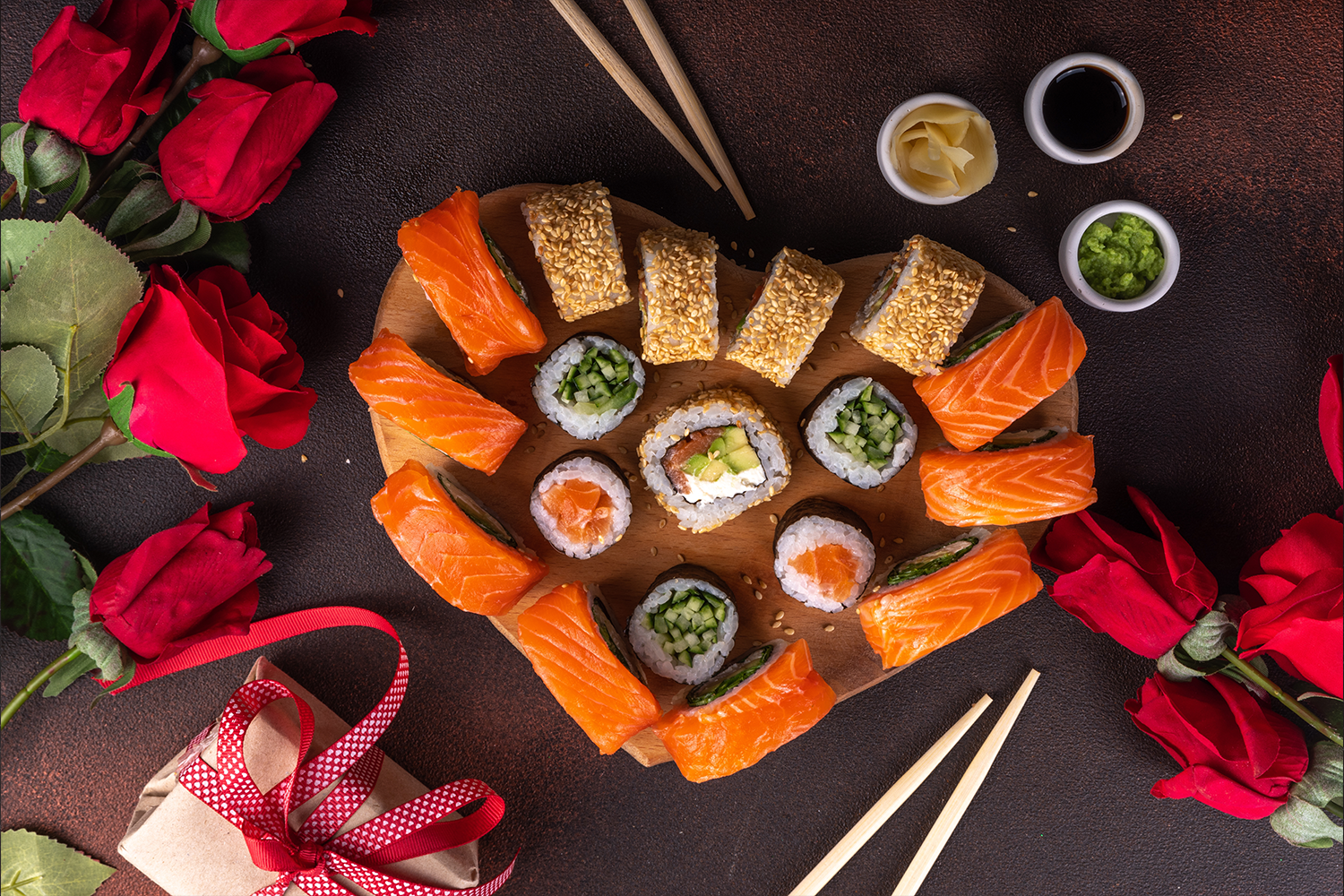 A plate of sushi shaped into a heart on a wooden table next to roses.