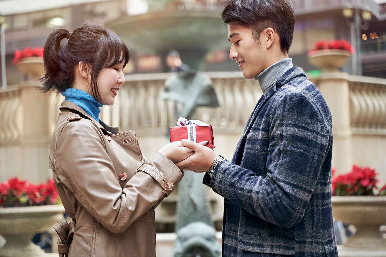 A couple exchange gifts on Valentine's Day in Tokyo.