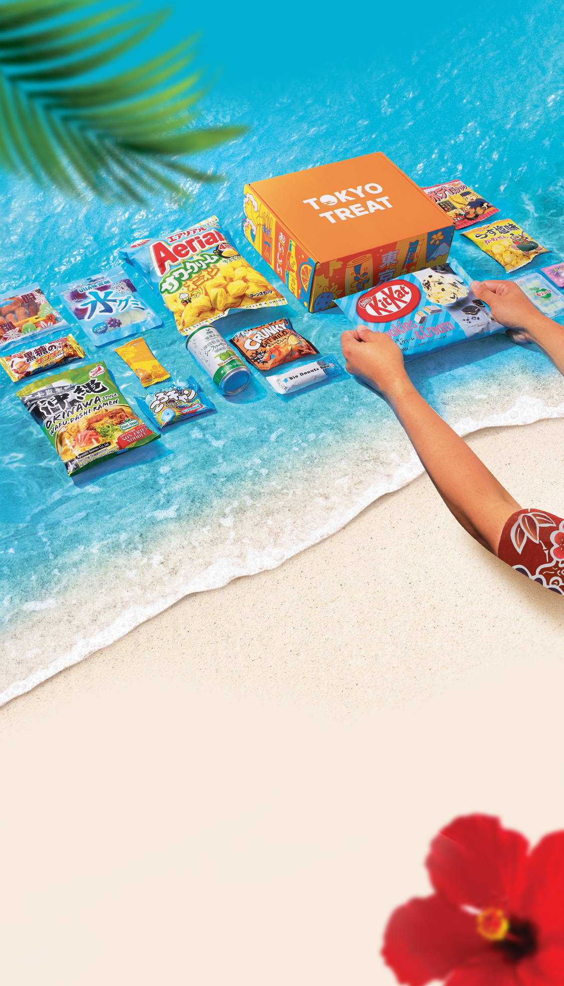 TokyoTreat box sits on an Okinawa beach background, surrounded by box snack items.