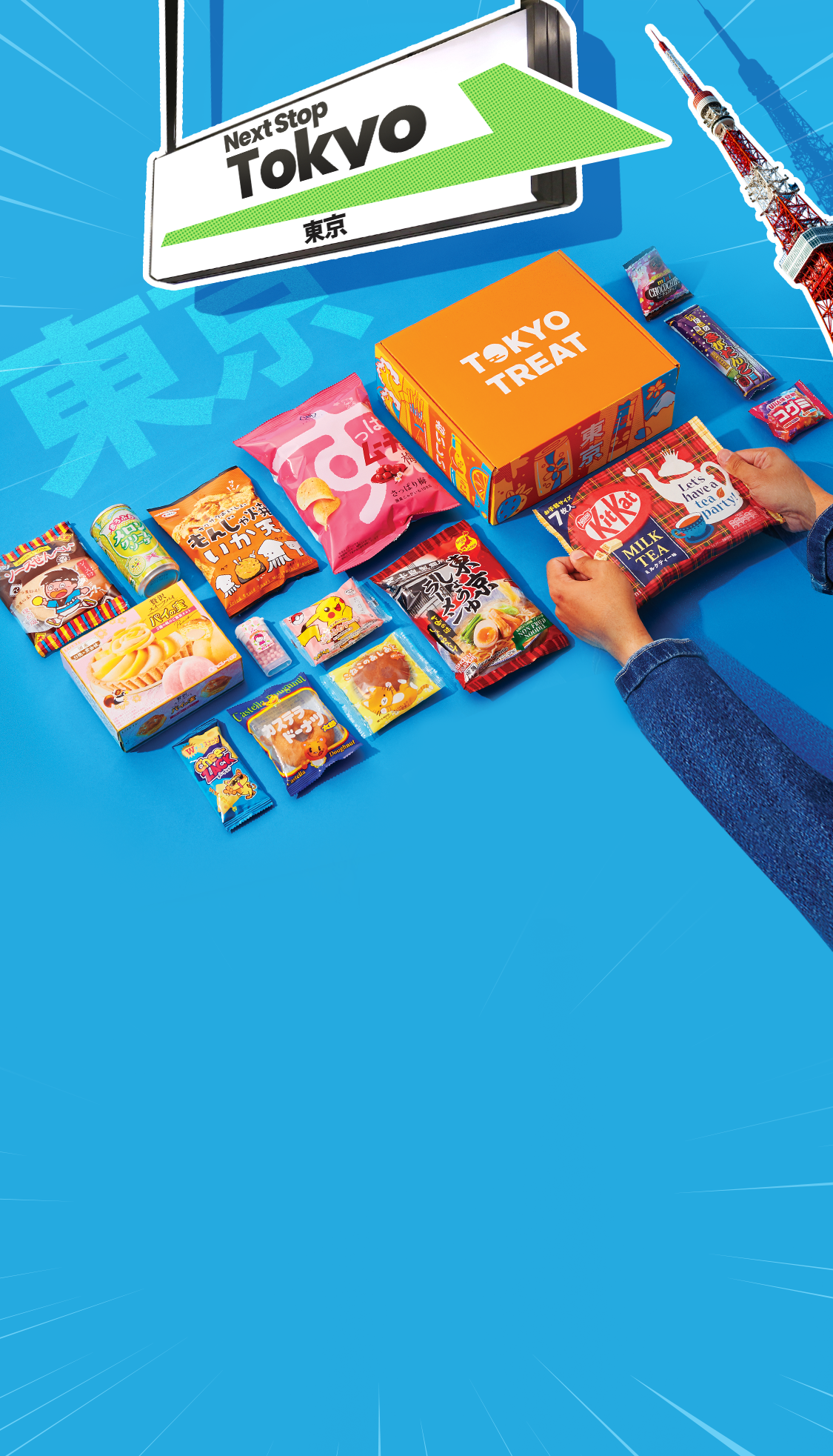 TokyoTreat box lays against a blue backdrop, surrounded by all box items.