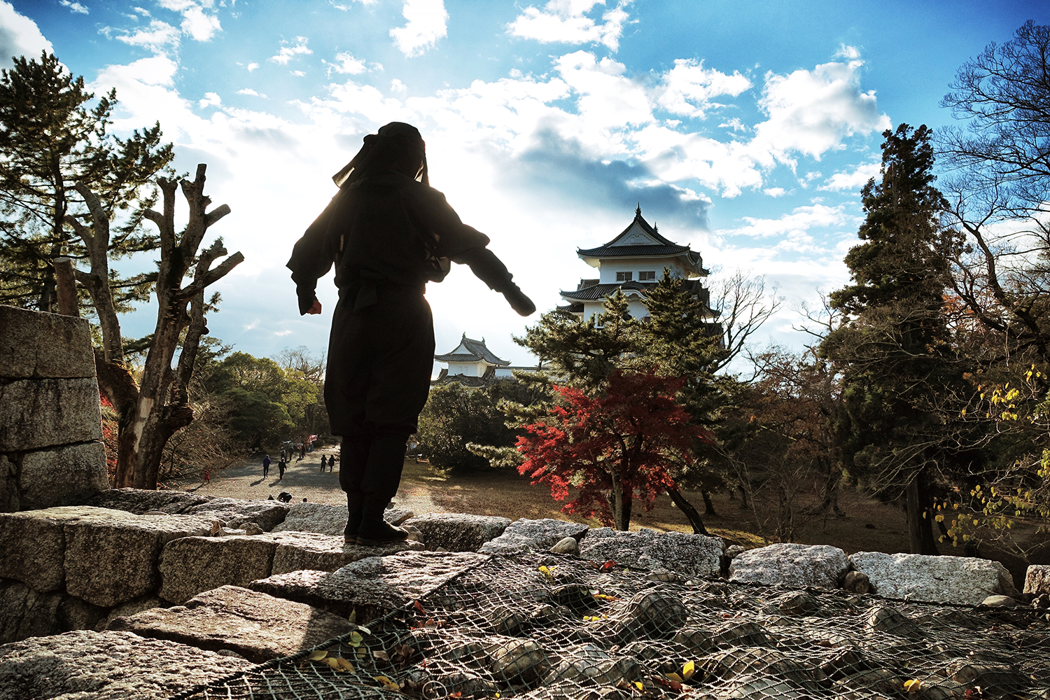A lone ninja stands upon a stone wall facing an old castle.