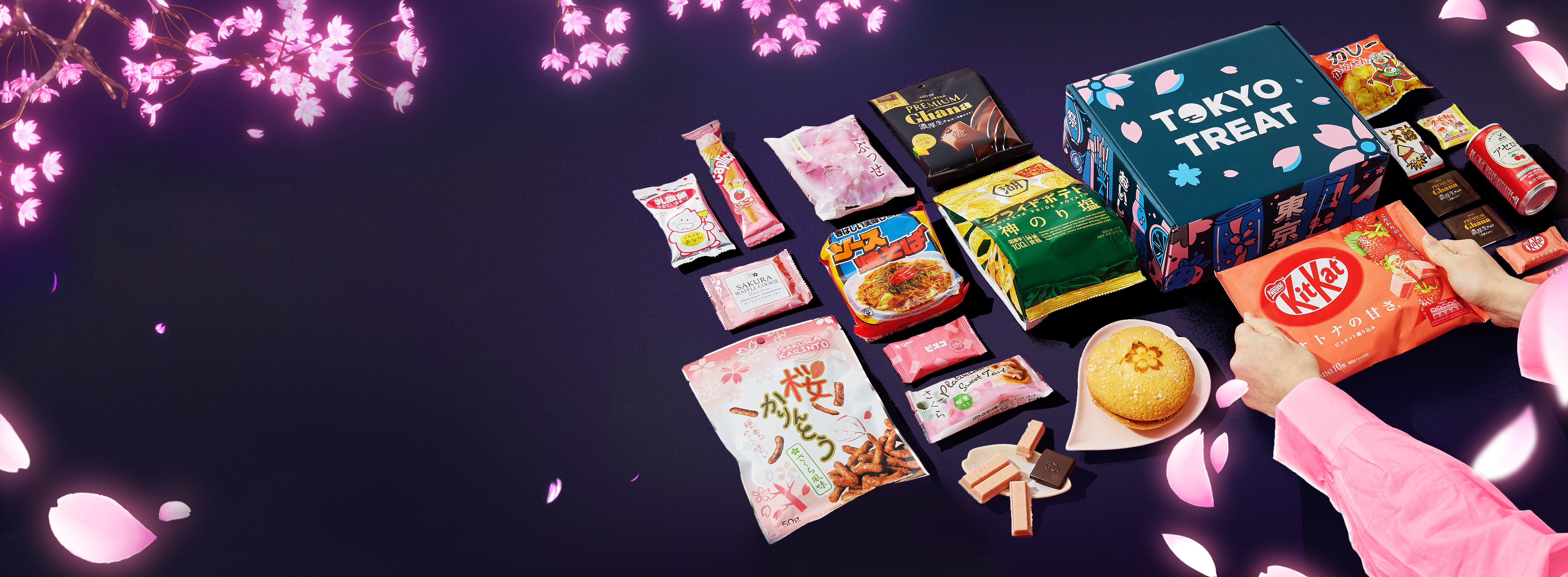 TokyoTreat box sits against a dark purple background, surrounded by cherry blossoms and box items.