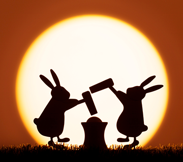 The shadows of two bunnies are pounding mochi in front of the moon.