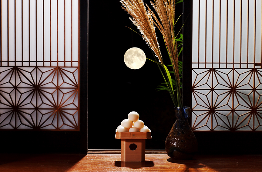 A scene of a traditional Japanese home, with Tsukimi decorations.