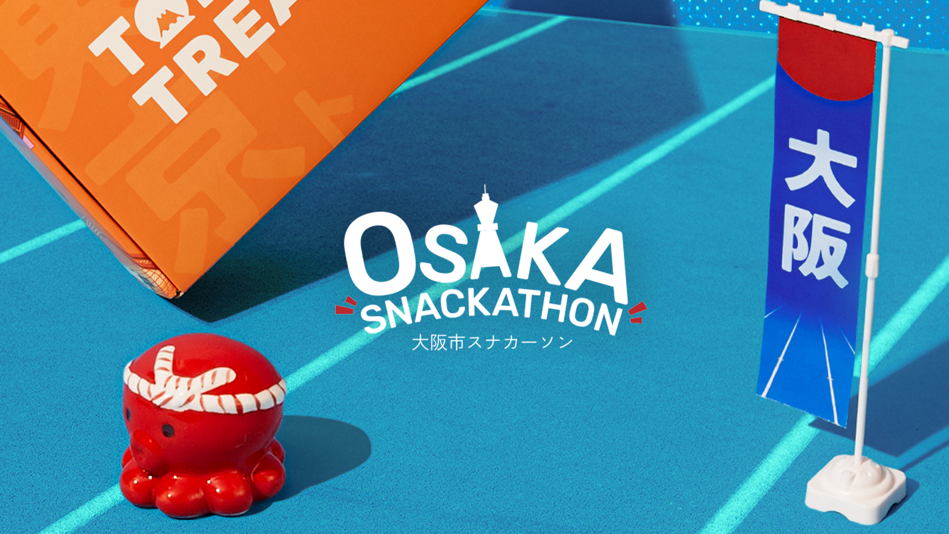 The Osaka Snackathon logo on a blue background next to a TokyoTreat box.